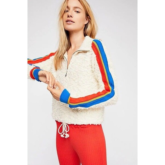 Free People Size XS Marshmallow Stripe Sweater Cream Deep Pile Rainbow Sleeve - Picture 5 of 16